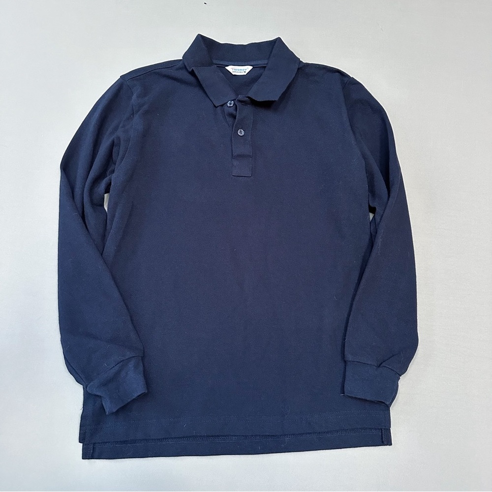 Women’s navy blue long sleeved polo style shirt, M.